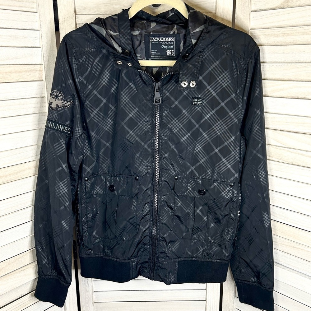 Jack & Jones Jeans Intelligence Hartford Black Plaid Stripe Bomber Jacket M